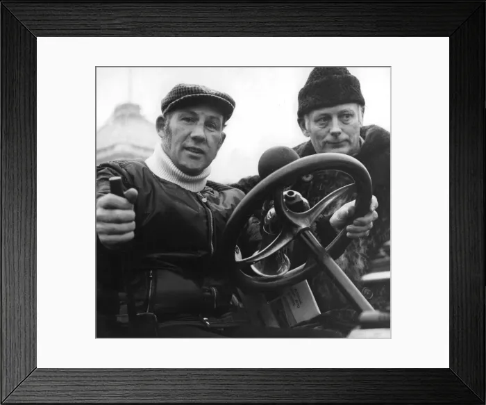 Framed Print : Stirling Moss and Lord Montagu driving 1899 Daimler vintage car - January 1973 Framed Print : Stirling Moss and Lord Montagu driving 1899 Daimler vintage car - January 1973