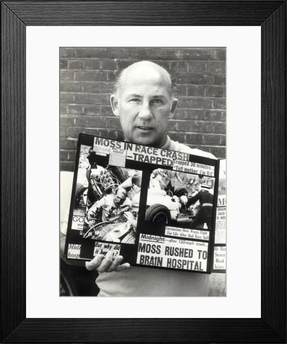 Framed Print : stirling moss with cuttings of his crash aug 1982 -----