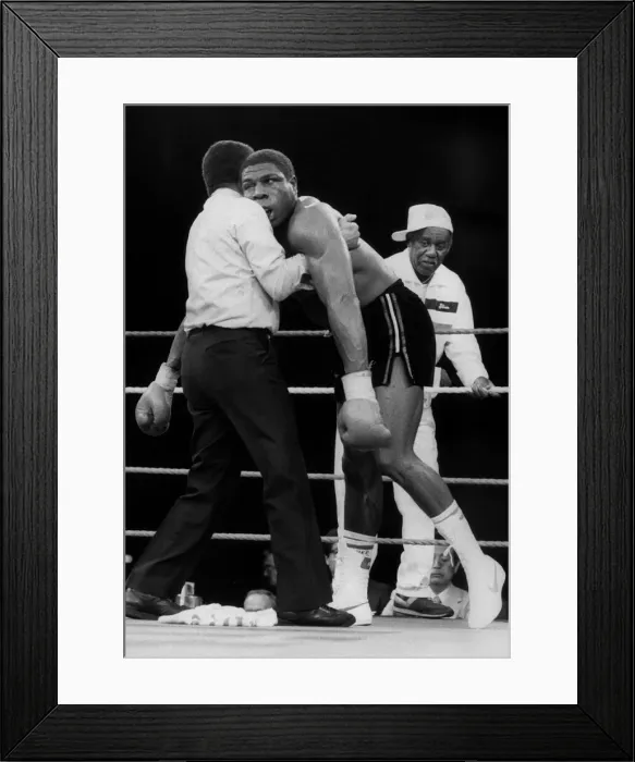 Framed Print : Frank Bruno out but not down in his first World Championship fight against Tim Framed Print : Frank Bruno out but not down in his first World Championship fight against Tim