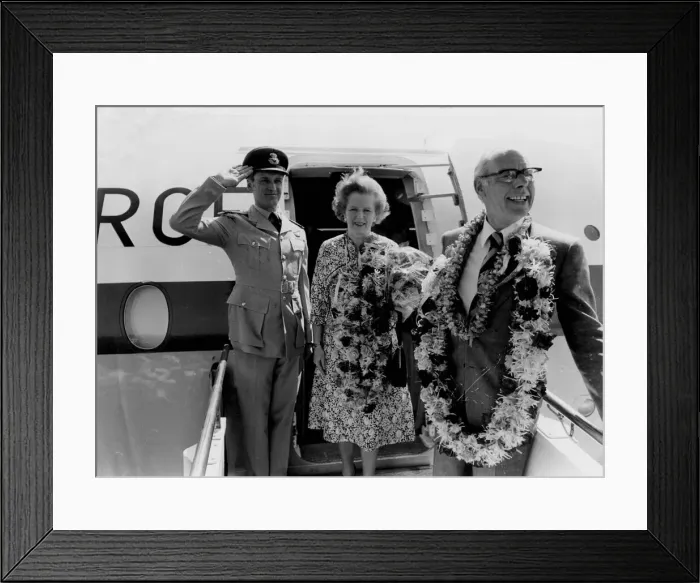 Framed Print : Margaret Thatcher and husband Denis leaving for foreign tour - February 1982 Framed Print : Margaret Thatcher and husband Denis leaving for foreign tour - February 1982