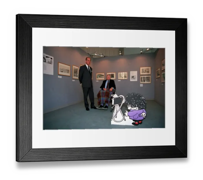 Framed Print : The Duke of Edinburgh, Prince Philip with Cartoonist Carl Giles at exhibition of