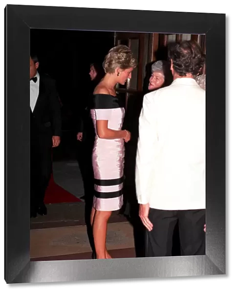 PRINCESS DIANA, WEARING BLACK AND WHITE EVENING DRESS, ARRIVING AT SADLERS WELLS THEATRE