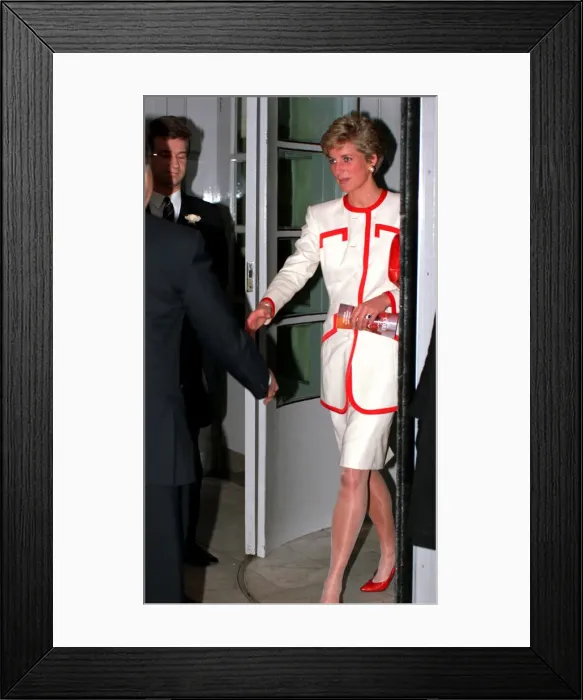 Framed Print : PRINCESS DIANA WEARING WHITE SUIT WITH RED TRIM - MAY 1991