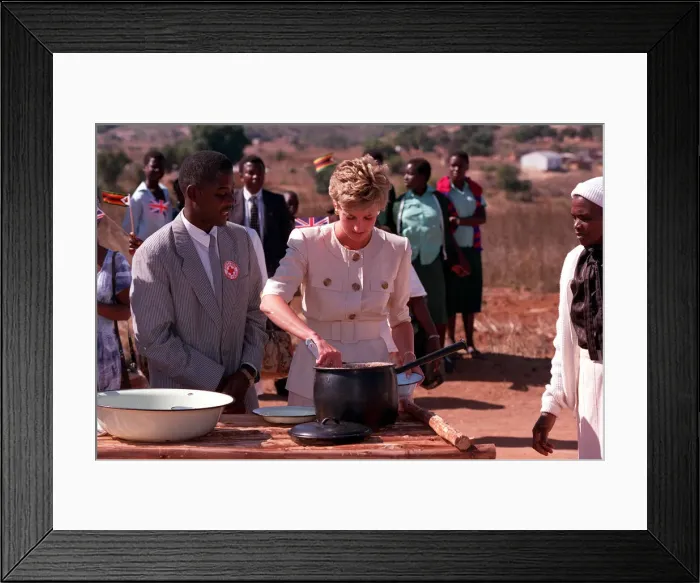 Framed Print : PRINCESS OF WALES DISHING OUT FOOD DURING A VISIT TO RED CROSS CHARITY PROJECT IN