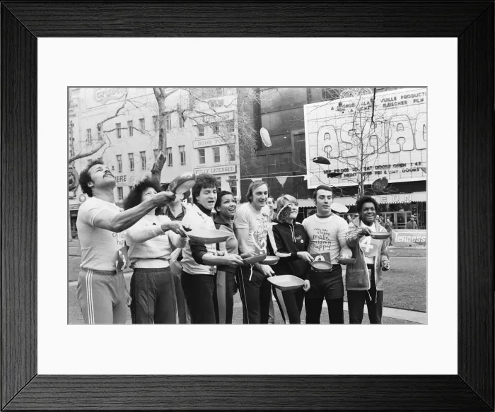 Framed Print : Shrove Tuesday Pancake Racing took place in Leicester Square today Framed Print : Shrove Tuesday Pancake Racing took place in Leicester Square today