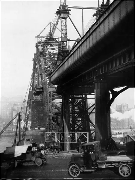 Construction of the new Tyne Bridge. The bridge on the Gateshead side