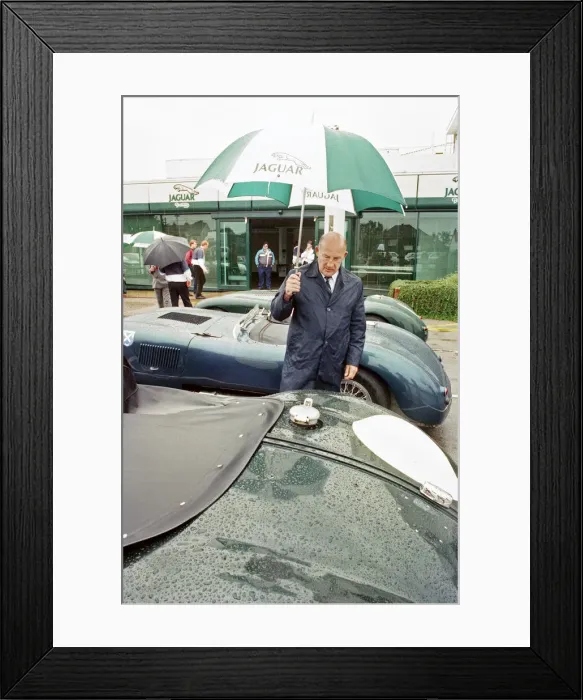 Framed Print : Sterling Moss with a C-Type Jaguar which he piloted to Le Mans 40 years ago Framed Print : Sterling Moss with a C-Type Jaguar which he piloted to Le Mans 40 years ago