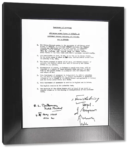 Picture shows the surrender pact. The Instrument of Surrender of all German