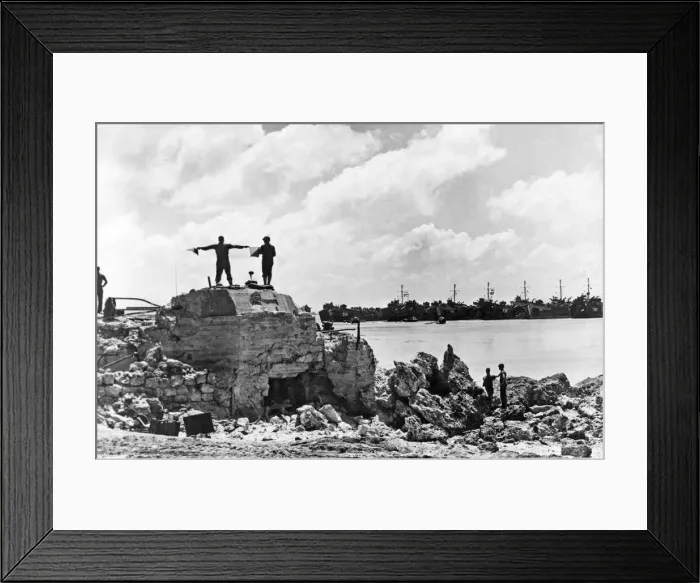 Framed Print : US Signalman directs landing ships off Okinawa Beach. A US Navy Signalman Framed Print : US Signalman directs landing ships off Okinawa Beach. A US Navy Signalman