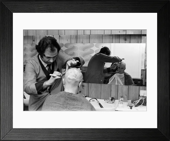 Framed Print : A man getting a Kojak'hair cut. 1975 Framed Print : A man getting a Kojak'hair cut. 1975