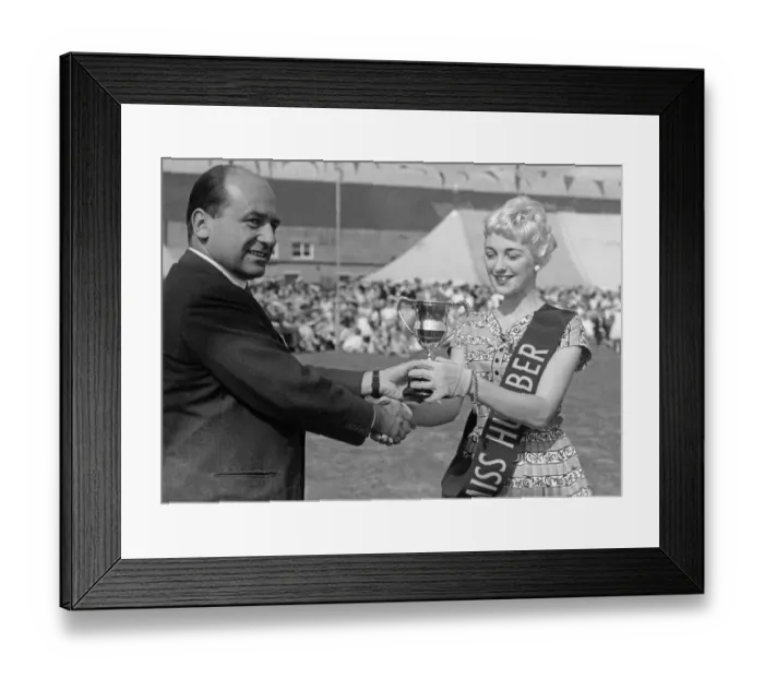 Framed Print : Geoffrey Rootes presenting a sash and cup to Mrs Greenway who was chosen as Miss Humber