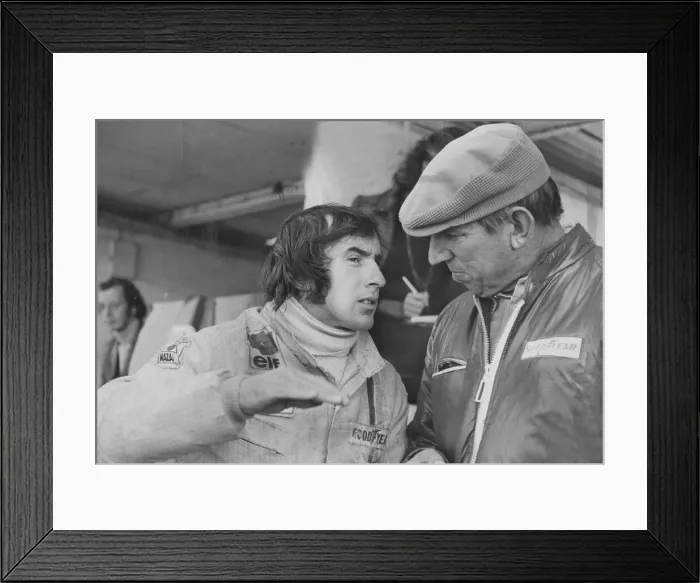 Framed Print : Jackie Stewart and Ken Tyrrell talking in the pits at Brands Hatch - October 1971