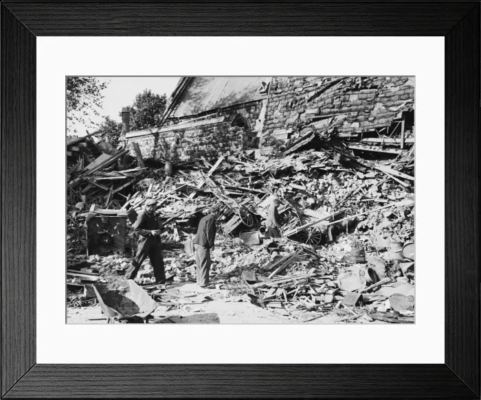 Framed Print : A church at Bow, near Bow Church, cut in half, during World War II. 2nd August 1944 Framed Print : A church at Bow, near Bow Church, cut in half, during World War II. 2nd August 1944