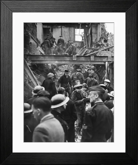 Framed Print : East Lane, Walworth. Man rescued from debris quite conscious with only one thought Framed Print : East Lane, Walworth. Man rescued from debris quite conscious with only one thought