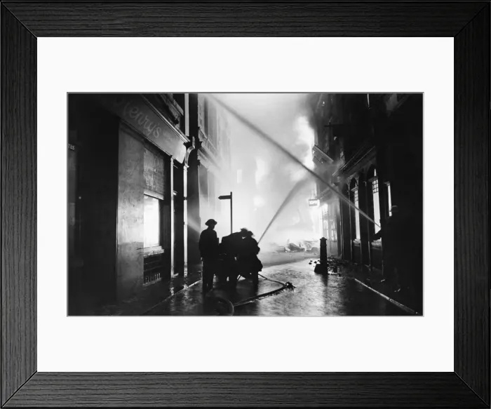 Framed Print : The Great Fire of London. Firemen at work on the city fire - they have a long night