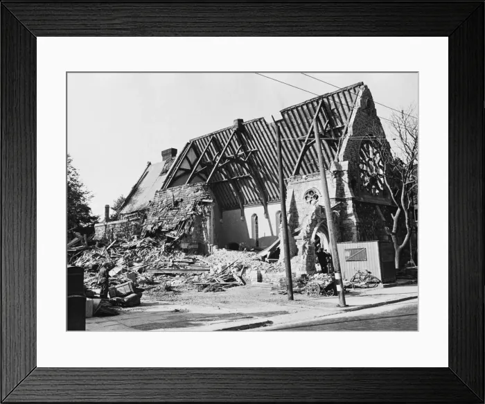 Framed Print : A church at Bow, near Bow Church, cut in half, 2nd August 1944 Framed Print : A church at Bow, near Bow Church, cut in half, 2nd August 1944