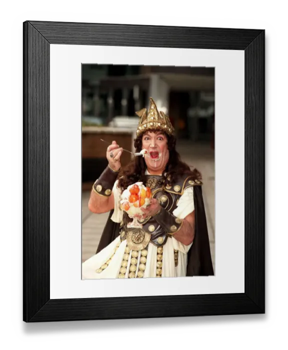 Framed Print : BERNARD BRESSLAW DRESSED UP FOR A BBC TV PROMOTION EATING PEACH MELBA - 29  /  11  /  1990