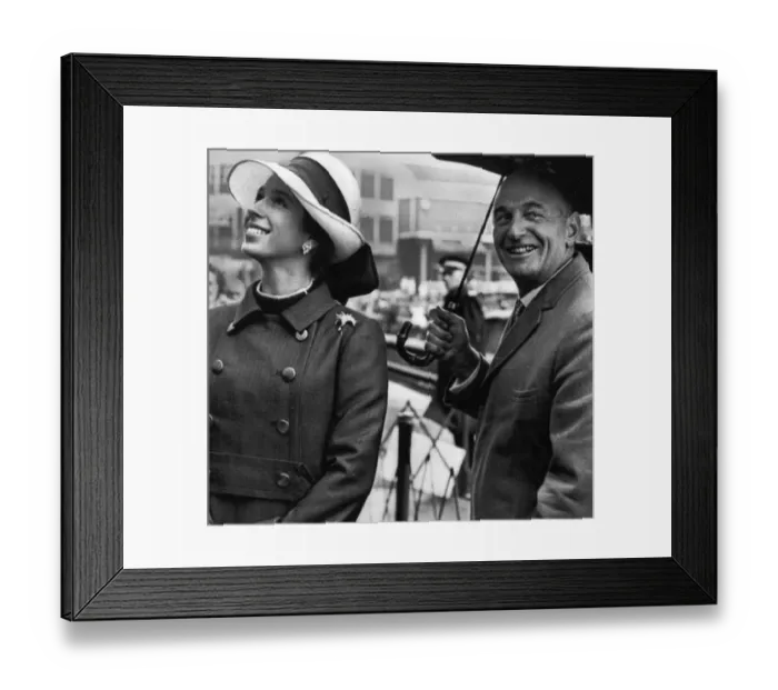 Framed Print : Princess Anne and Sir John Hunter, shipyard owner, in Tyneside to launch new ship - May Framed Print : Princess Anne and Sir John Hunter, shipyard owner, in Tyneside to launch new ship - May