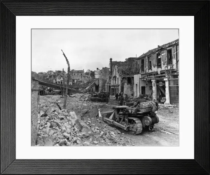 Framed Print : British advance in Normandy. Bulldozers clearing debris after entering Faubourg de Framed Print : British advance in Normandy. Bulldozers clearing debris after entering Faubourg de