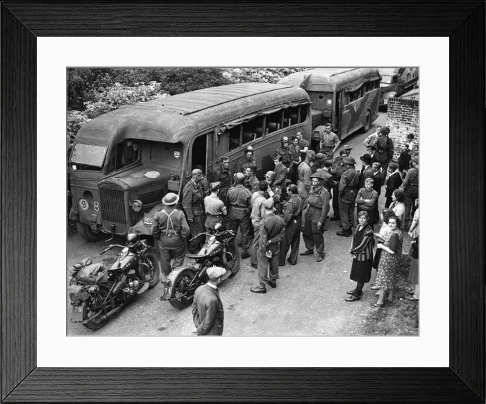 Framed Print : Troops enter their coaches after returning from the biggest ever Combined Operations