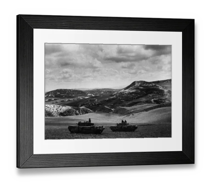 Framed Print : British tanks approaching the extremely difficult terrain and Longstop Hill