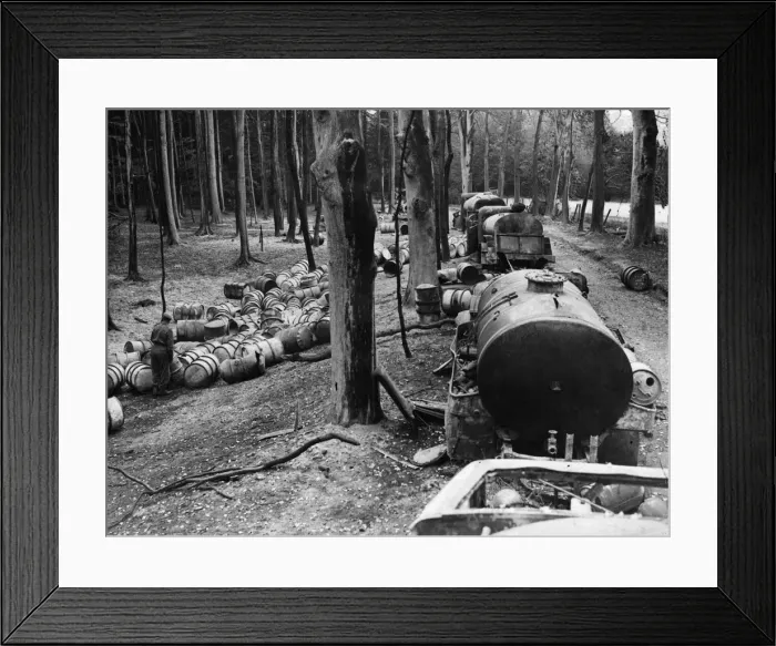 Framed Print : A German petrol dump hidden in the woods, found in the Forest de Framed Print : A German petrol dump hidden in the woods, found in the Forest de