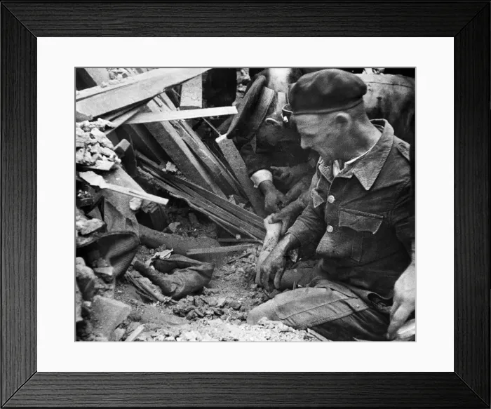 Framed Print : Rescue of a buried woman, trapped under the rubble after a V1 rocket attack in a Framed Print : Rescue of a buried woman, trapped under the rubble after a V1 rocket attack in a