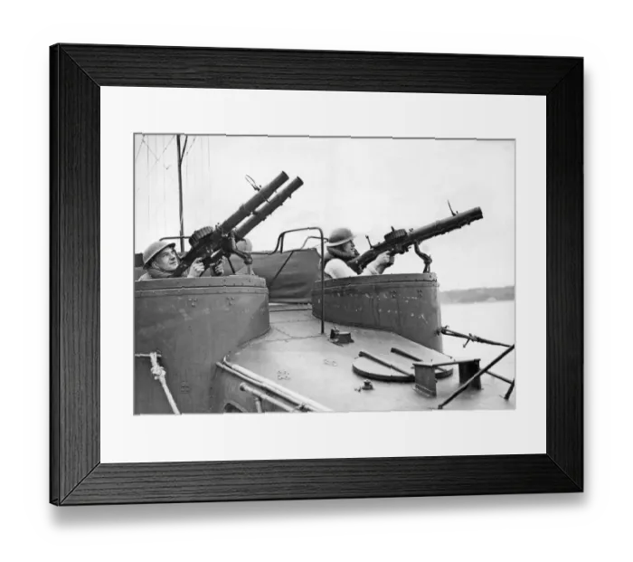 Framed Print : Anti aircraft machine gun on a submarine boat. These machine guns were used for Framed Print : Anti aircraft machine gun on a submarine boat. These machine guns were used for