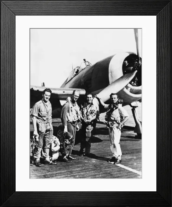 Framed Print : (Picture shows) The four pilots of a section of a Hellcat fighter squadron serving with Framed Print : (Picture shows) The four pilots of a section of a Hellcat fighter squadron serving with