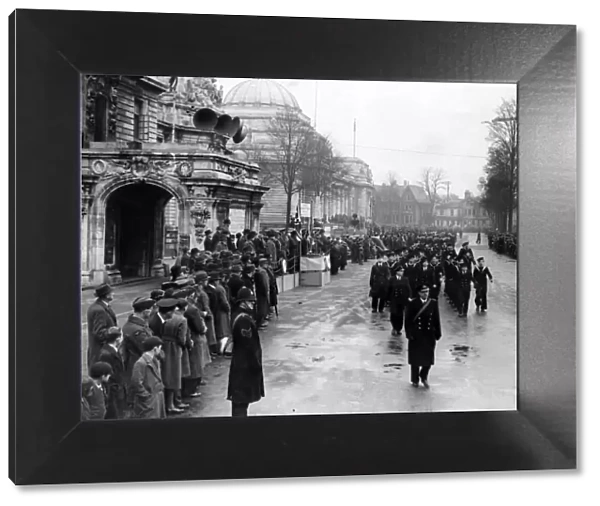 Cadets walking past City Hall, Cardiff. January 1942