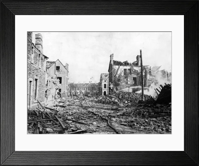 Framed Print : Destruction caused by air raids in Cardiff, Wales. February 1941 Framed Print : Destruction caused by air raids in Cardiff, Wales. February 1941