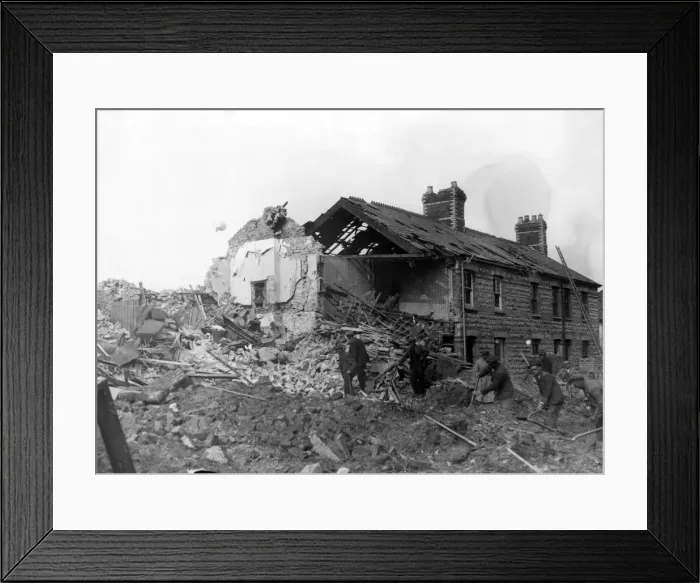 Framed Print : Houses wrecked in the outskirts of Cardiff by Nazi raiders. Cardiff, Wales. Circa 1941 Framed Print : Houses wrecked in the outskirts of Cardiff by Nazi raiders. Cardiff, Wales. Circa 1941