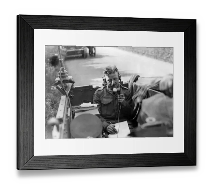 Framed Print : Invasion exercise in and around the Cardiff area. Signaller taking a radio message in an Framed Print : Invasion exercise in and around the Cardiff area. Signaller taking a radio message in an