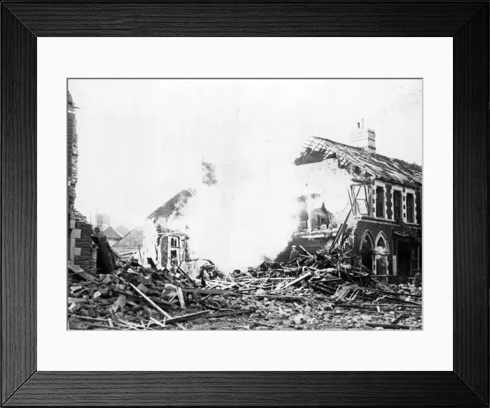 Framed Print : Damage cause by air raids in Cardiff. Circa 1941 Framed Print : Damage cause by air raids in Cardiff. Circa 1941