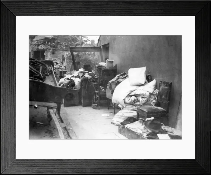 Framed Print : Furniture and bedding from a blitzed building in Roath, Cardiff. Circa 1941 Framed Print : Furniture and bedding from a blitzed building in Roath, Cardiff. Circa 1941