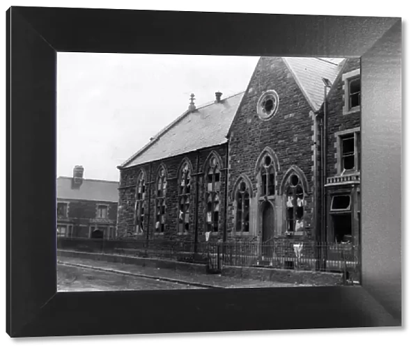Windows broken at a chapel during an air raid on a South Wales town. Circa 1941