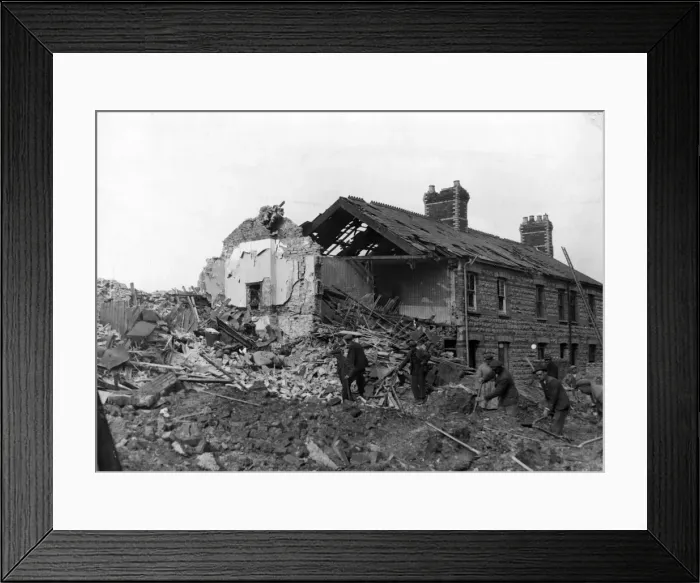 Framed Print : Houses wrecked on the outskirts of Cardiff by Nazi raids. Circa 1941