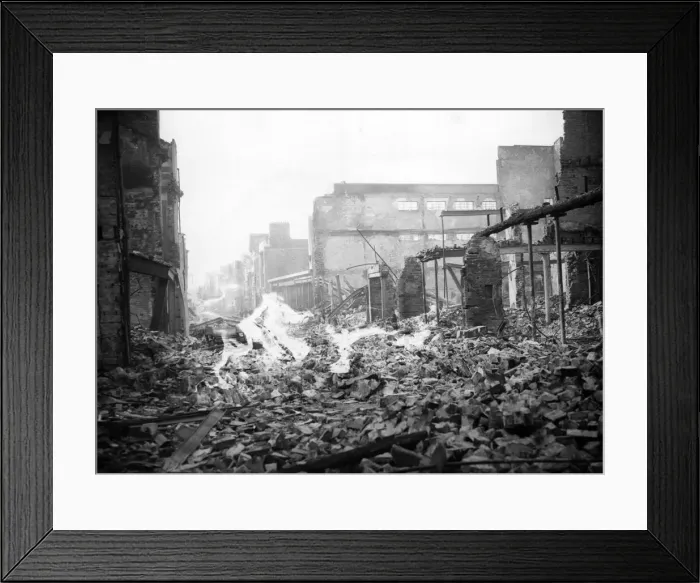 Framed Print : Looking down Oxford Street from Temple Street, Swansea, following the attack by Nazi Framed Print : Looking down Oxford Street from Temple Street, Swansea, following the attack by Nazi
