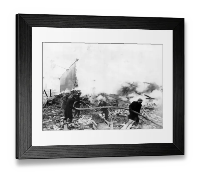Framed Print : Firemen tackle blazing ruins at Llanbleddian Gardens, Cardiff, following air-raid attacks Framed Print : Firemen tackle blazing ruins at Llanbleddian Gardens, Cardiff, following air-raid attacks