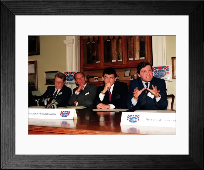 Framed Print : The Duke of Edinburgh, Prince Philip and rugby player Will Carling attend the press Framed Print : The Duke of Edinburgh, Prince Philip and rugby player Will Carling attend the press