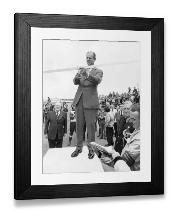 Framed Print : The Duke of Edinburgh. Prince Philip opens a Motor racing event. April 1975 Framed Print : The Duke of Edinburgh. Prince Philip opens a Motor racing event. April 1975
