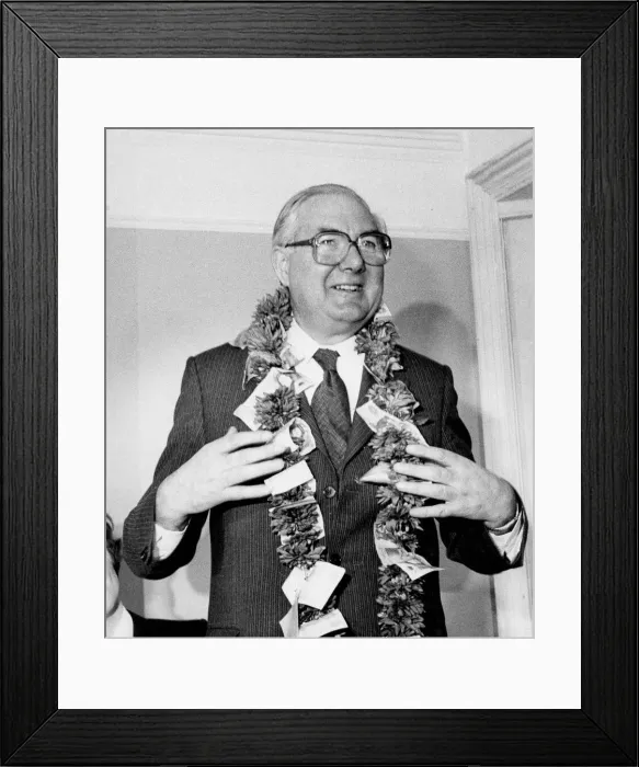 Framed Print : James Callaghan wearing garland of flowers and money in Brentford - April 1979 Framed Print : James Callaghan wearing garland of flowers and money in Brentford - April 1979