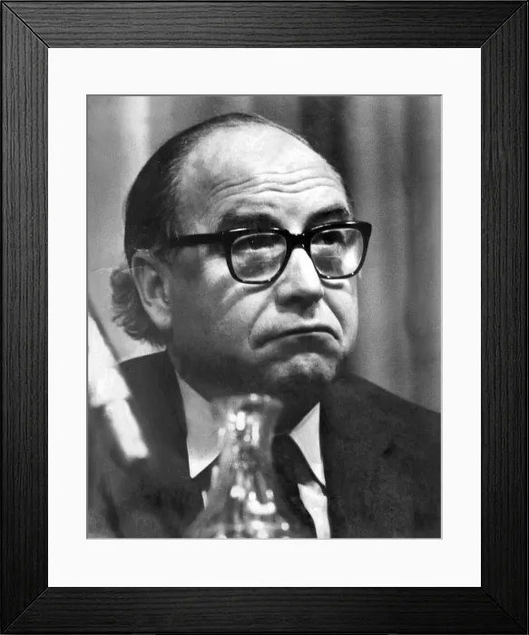 Framed Print : Roy Jenkins looking glum on podium at conference - February 1974 27 / 02 / 1974 Framed Print : Roy Jenkins looking glum on podium at conference - February 1974 27 / 02 / 1974