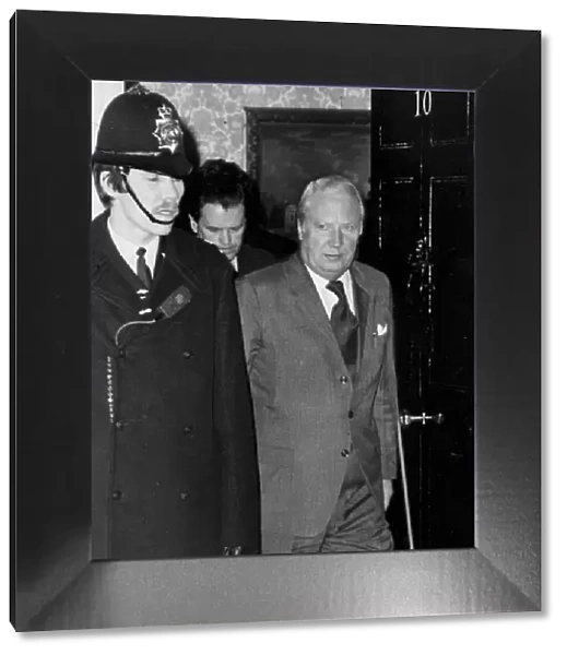 Edward Heath leaving 10 Downing Street, London during minority government crisis - March