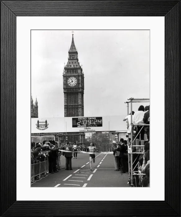 Framed Print : HUGH JONES CROSSES THE FINISH LINE TO WIN THE LONDON MARATHON - 9TH MAY 1982
