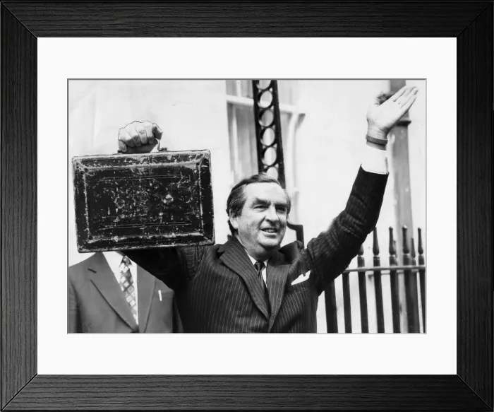 Framed Print : Denis Healey, Chancellor of the Exchequer, leaving 11 Downing Street holding the budget Framed Print : Denis Healey, Chancellor of the Exchequer, leaving 11 Downing Street holding the budget