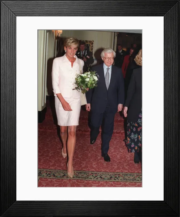 Framed Print : PRINCESS DIANA, WEARING WHITE SUIT, WITH LORD STEVENS AT THE DAILY STAR GOLD STAR AWARDS Framed Print : PRINCESS DIANA, WEARING WHITE SUIT, WITH LORD STEVENS AT THE DAILY STAR GOLD STAR AWARDS