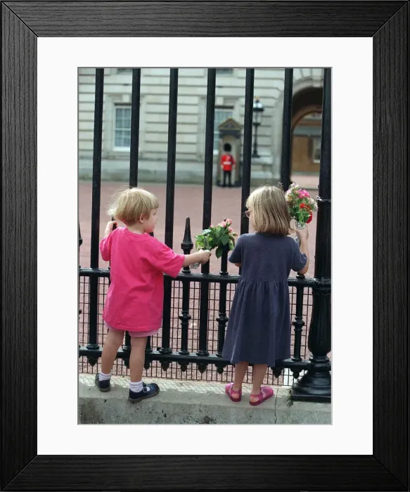Framed Print : YOUNG CHILDREN OUTSIDE THE GATES OF BUCKINGHAM PALACE HOLDING FLOWERS IN TRIBUTE FOR