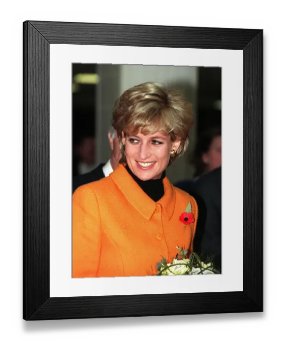 Framed Print : Princess Diana, wearing orange jacket, poppy and black jumper visits Liverpool Framed Print : Princess Diana, wearing orange jacket, poppy and black jumper visits Liverpool