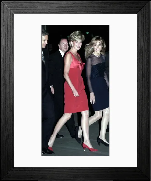 Framed Print : Princess Diana wears a red evening dress with red shoes